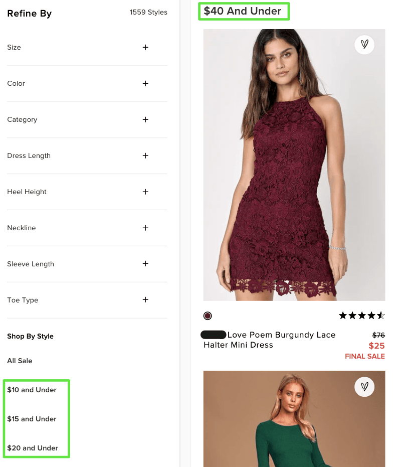 Price specific category pages in fashion e-commerce
